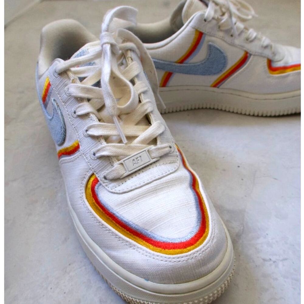 Nike Air Force 1 Low Sail Denim Swoosh Sneakers 7 Rainbow White Retro DJ4655-133